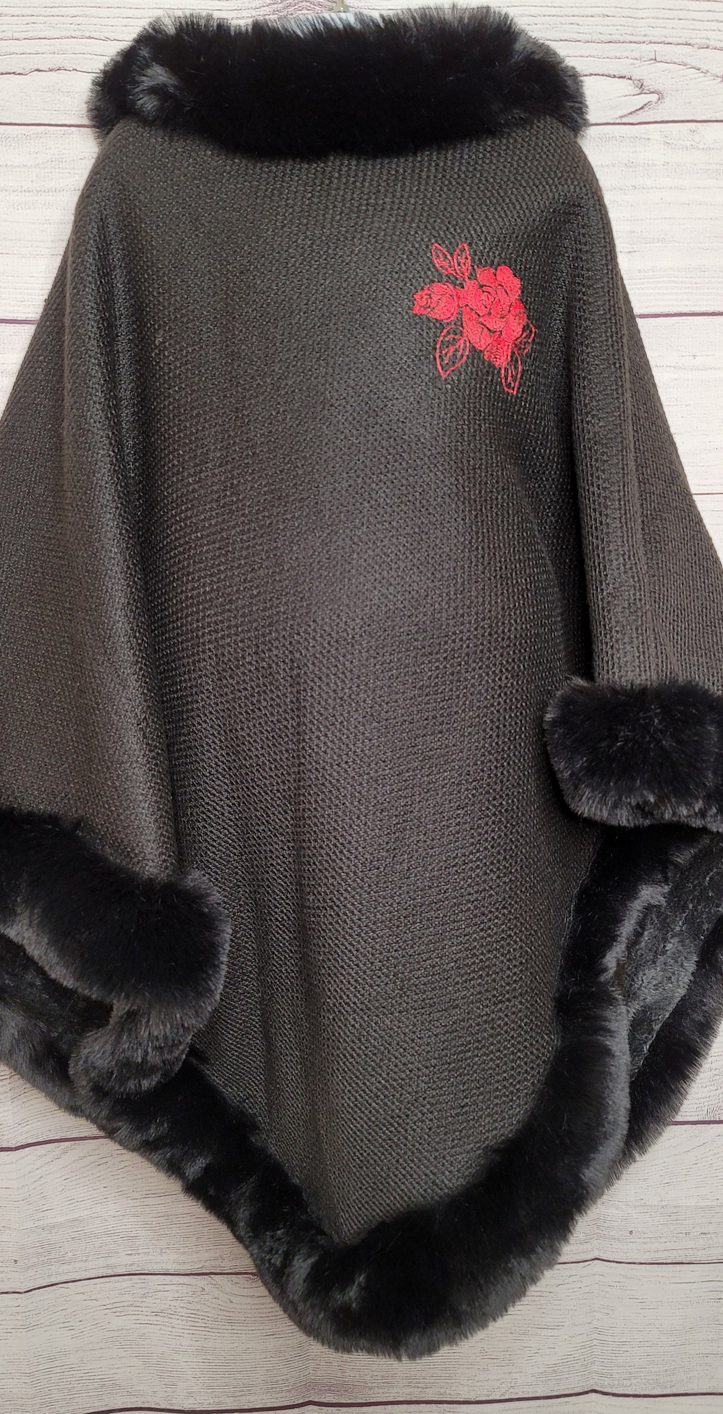 Rose Embroidery Fur Poncho| Women's Embroidery Ponchos