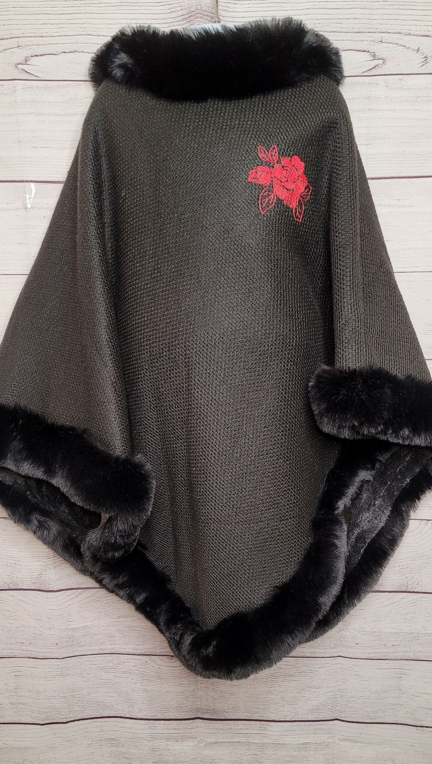Rose Embroidery Fur Poncho| Women's Embroidery Ponchos
