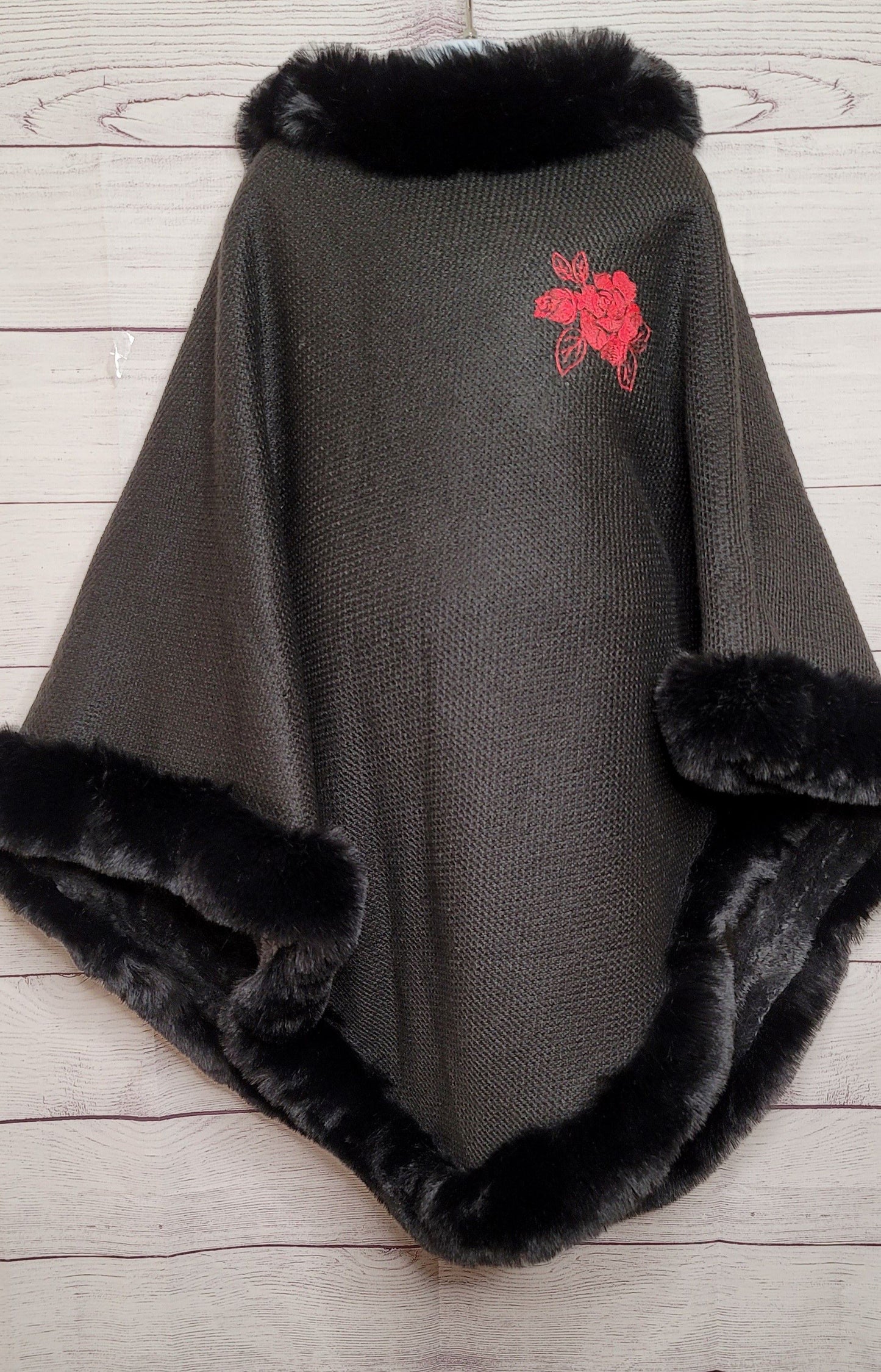 Rose Embroidery Fur Poncho| Women's Embroidery Ponchos